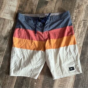 O'Neill Men's Striped Blue, Red, Orange, and White Board Shorts